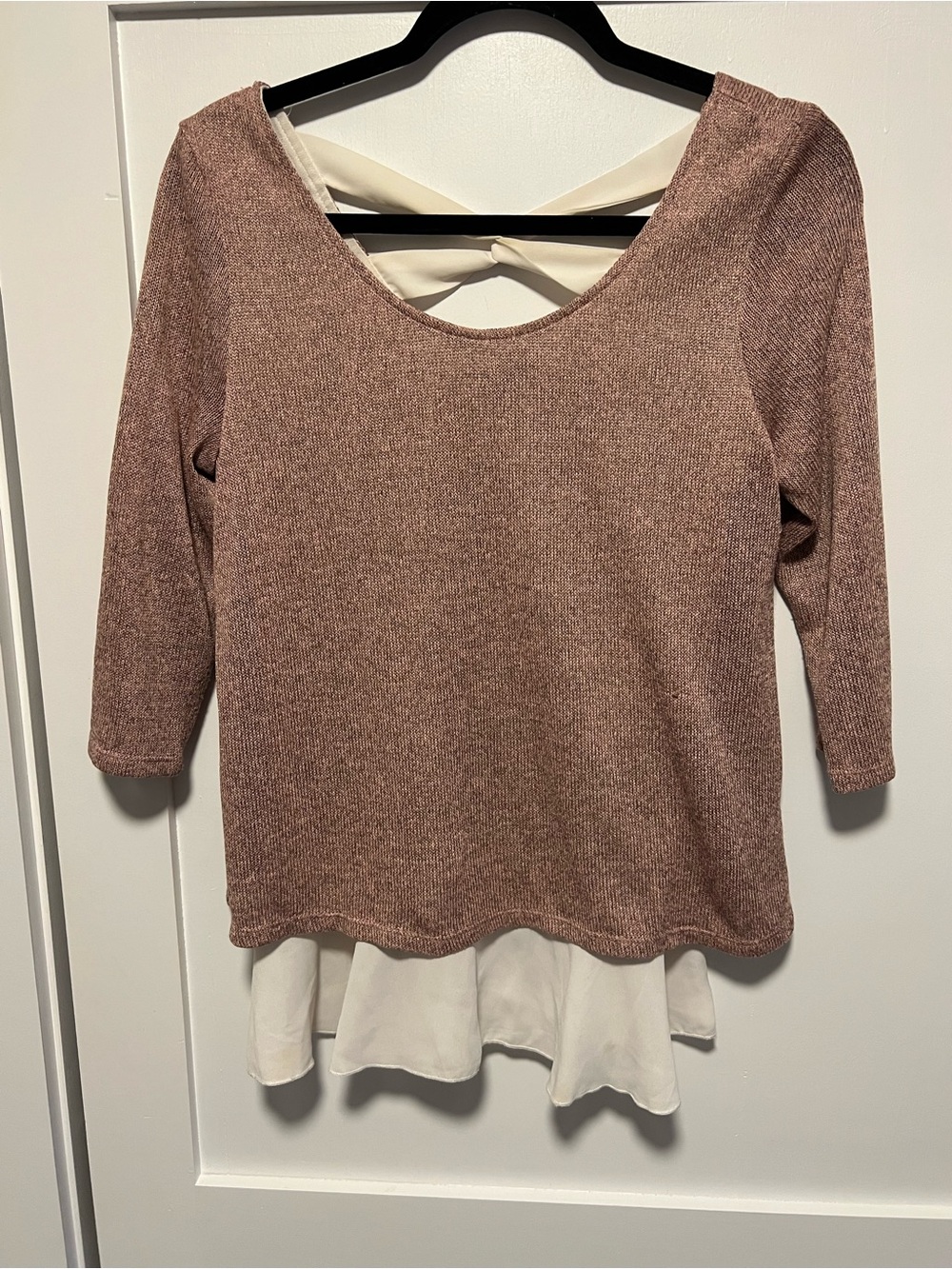Layered Crewneck Knit Top with Chiffon Hem in Mauve